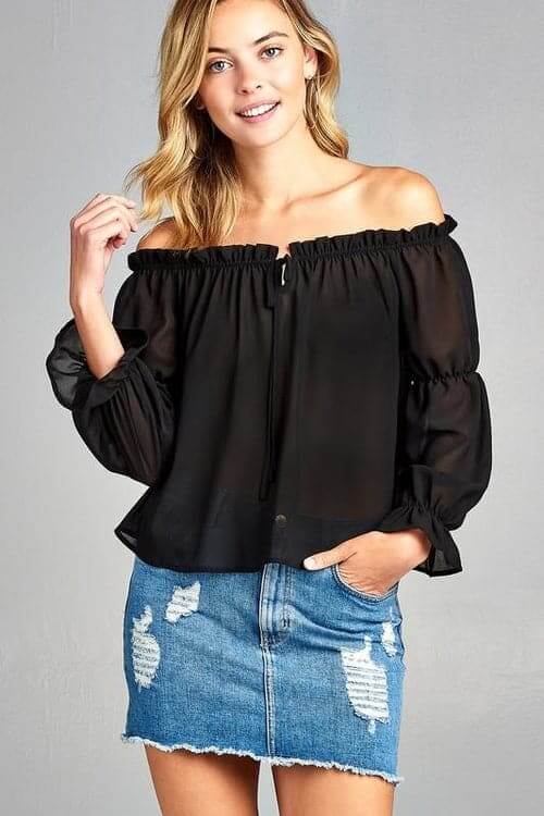 Women's Puff Long Sleeve Ruffled Front Tie Off Shoulder Top Black