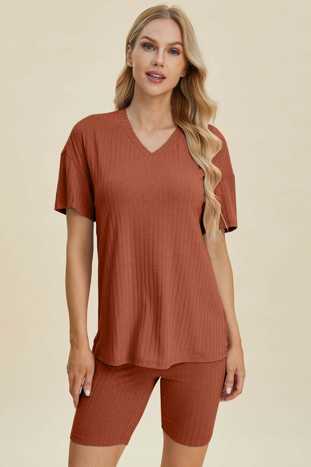 Stylish Ribbed V-Neck Top & Shorts Set for Everyday Wear Caramel