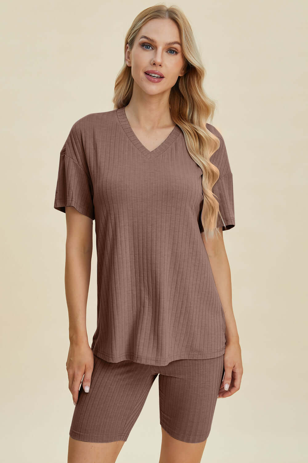 Stylish Ribbed V-Neck Top & Shorts Set for Everyday Wear Taupe