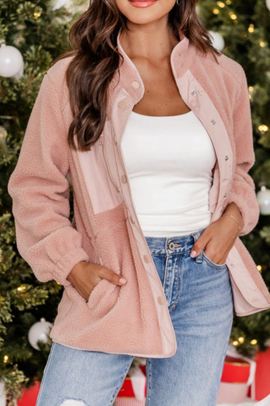 Snap Down Long Sleeve Sherpa Jacket Pale Blush