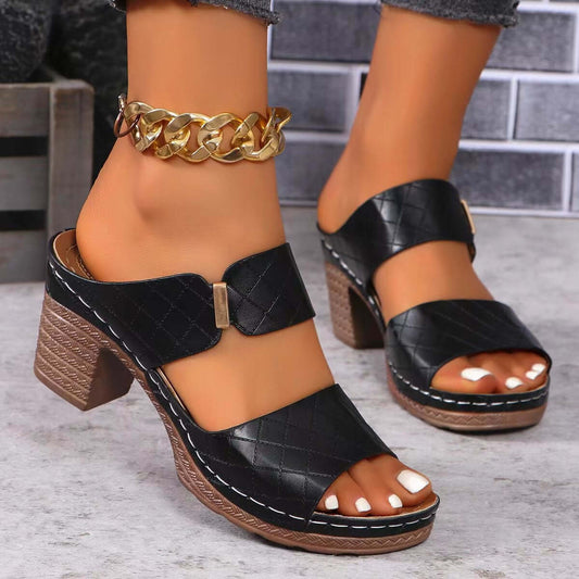 PU Leather Block Heel Sandals Black