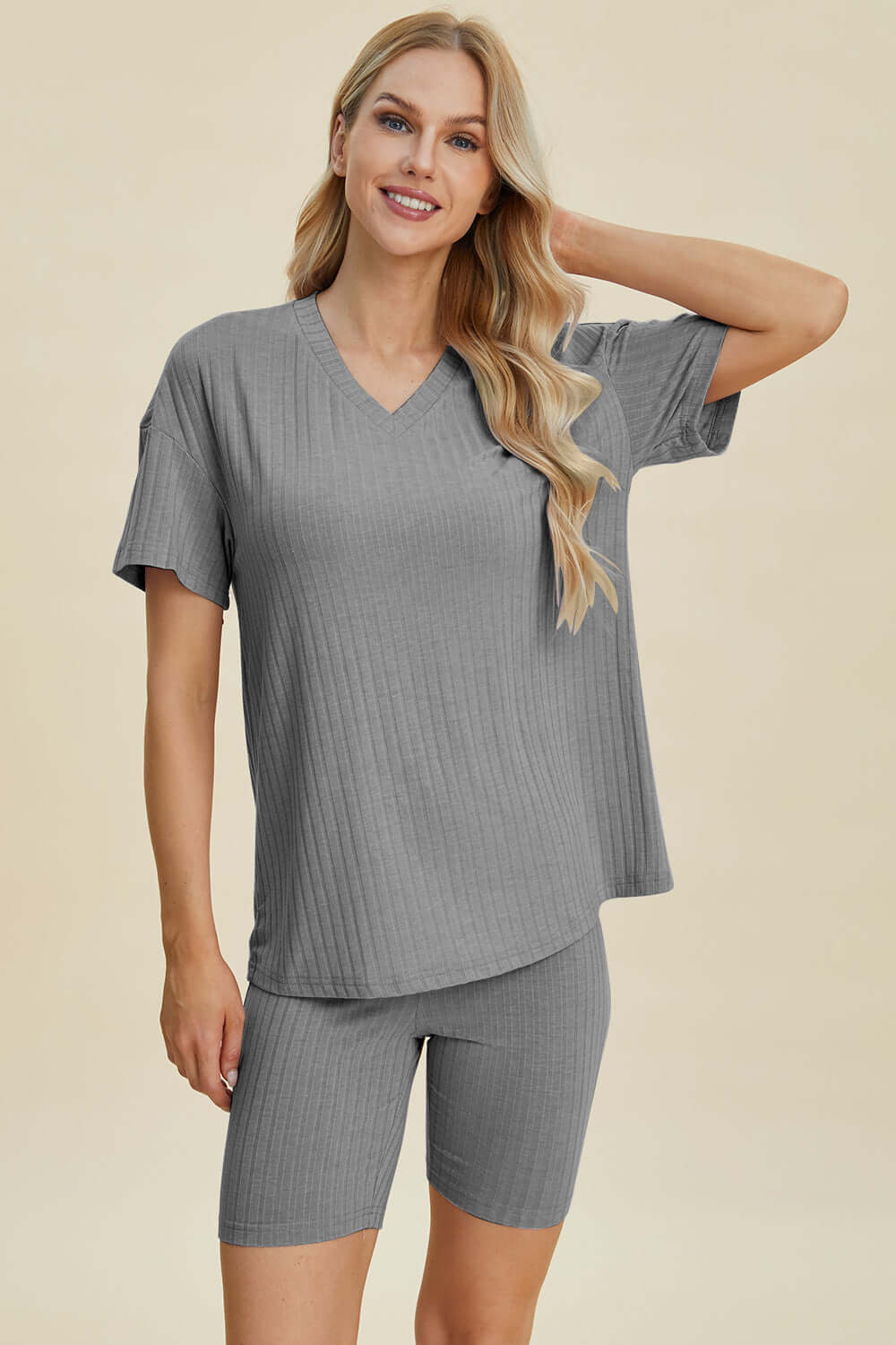 Stylish Ribbed V-Neck Top & Shorts Set for Everyday Wear Gray