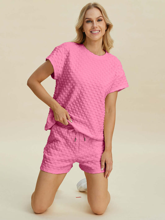 Double Take Full Size Texture T-Shirt and Shorts Set Pink