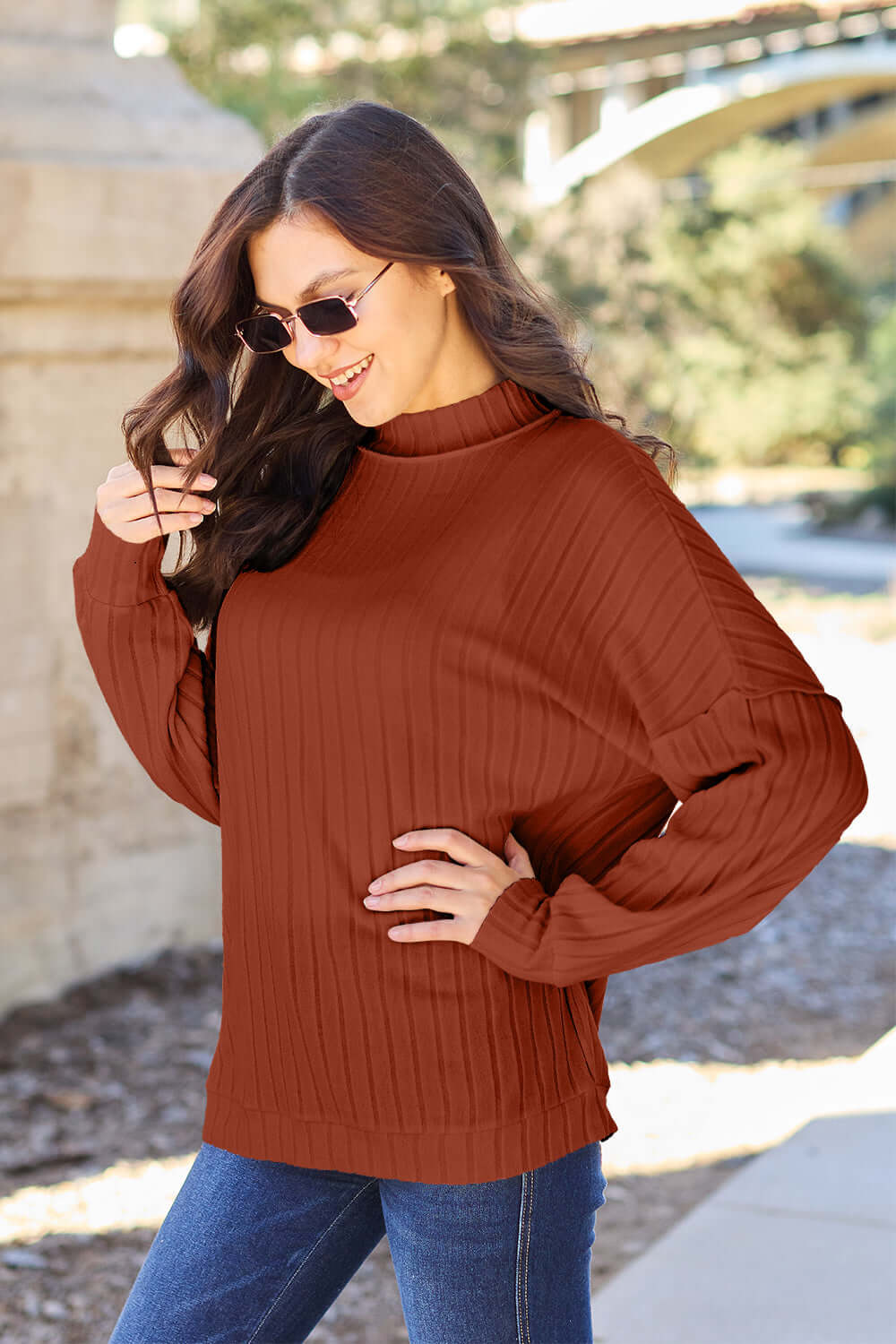 Shop Basic Bae Ribbed Mock Neck Knit Top - Rust