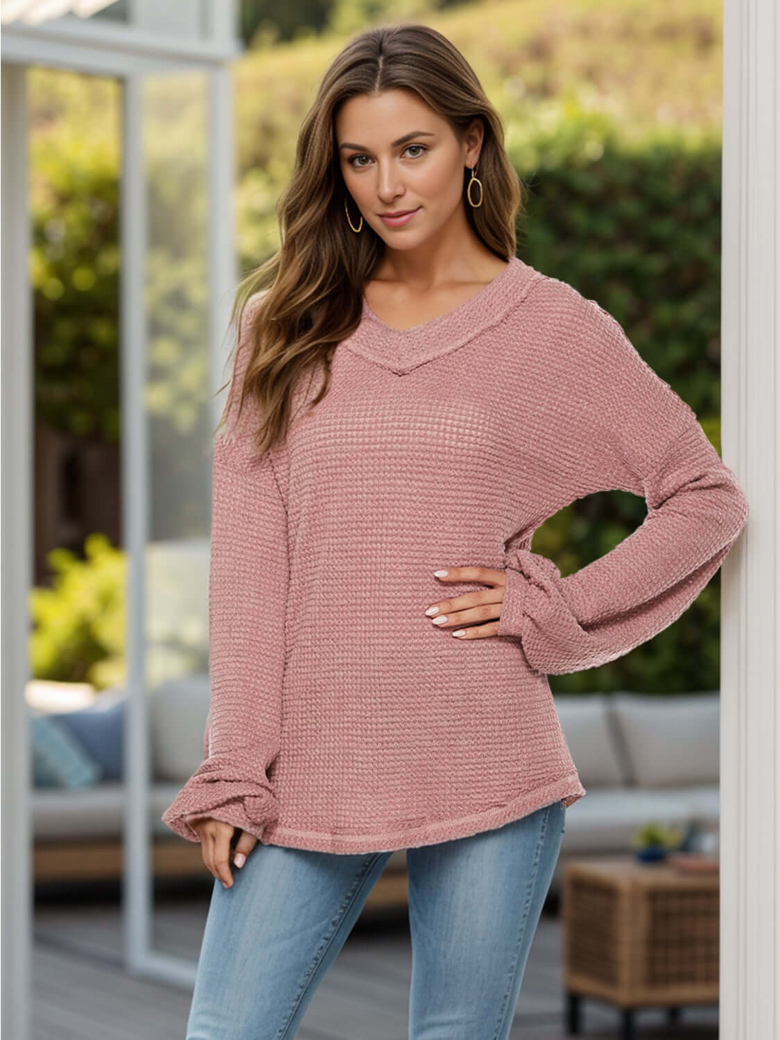 Dropped Shoulder Long Sleeve Knit Top Dusty Pink