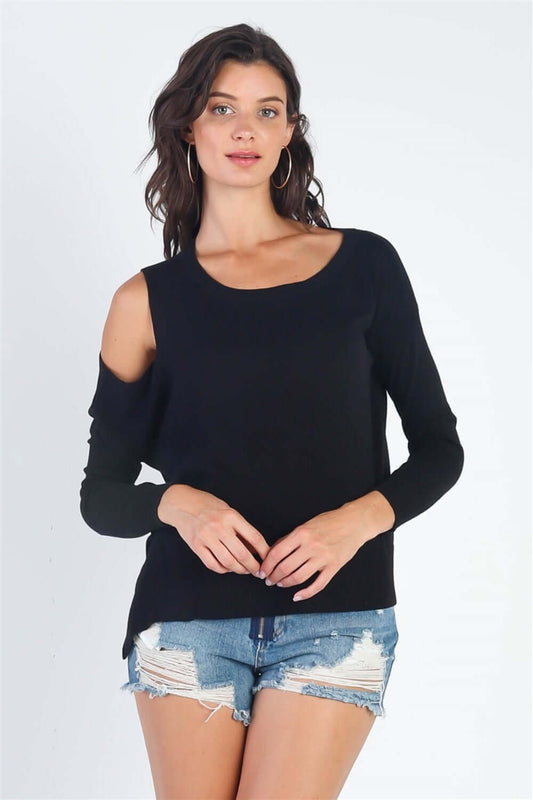 UNIQ Cold Shoulder Long Sleeve Knit Top Black