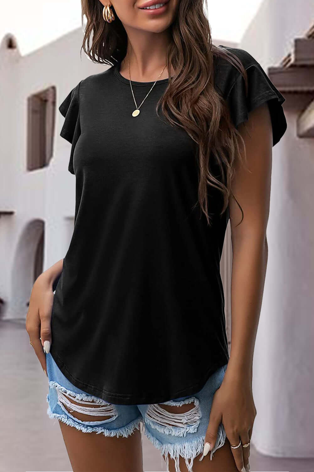 Ruffled Round Neck Cap Sleeve Blouse Black