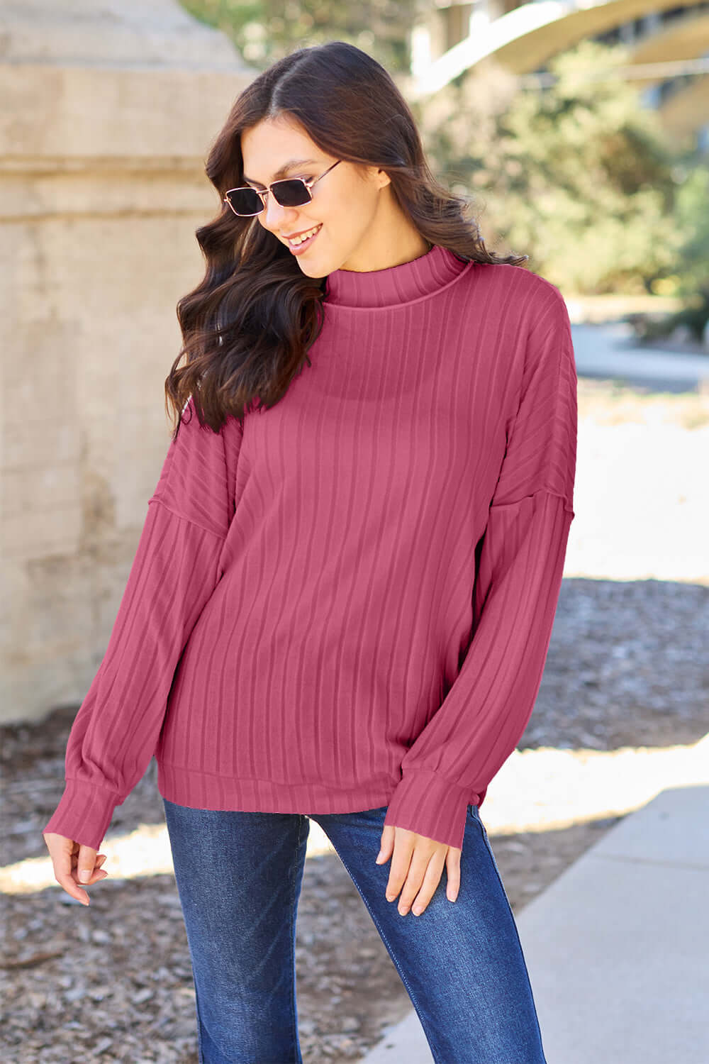 Shop Basic Bae Ribbed Mock Neck Knit Top - Hot Pink