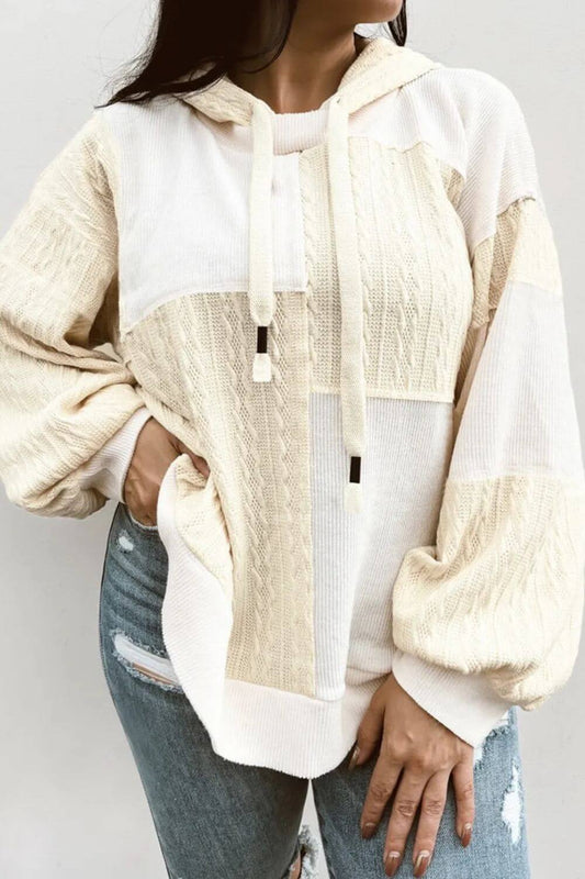 Plus Size Drawstring Color Block Long Sleeve Hoodie Ivory