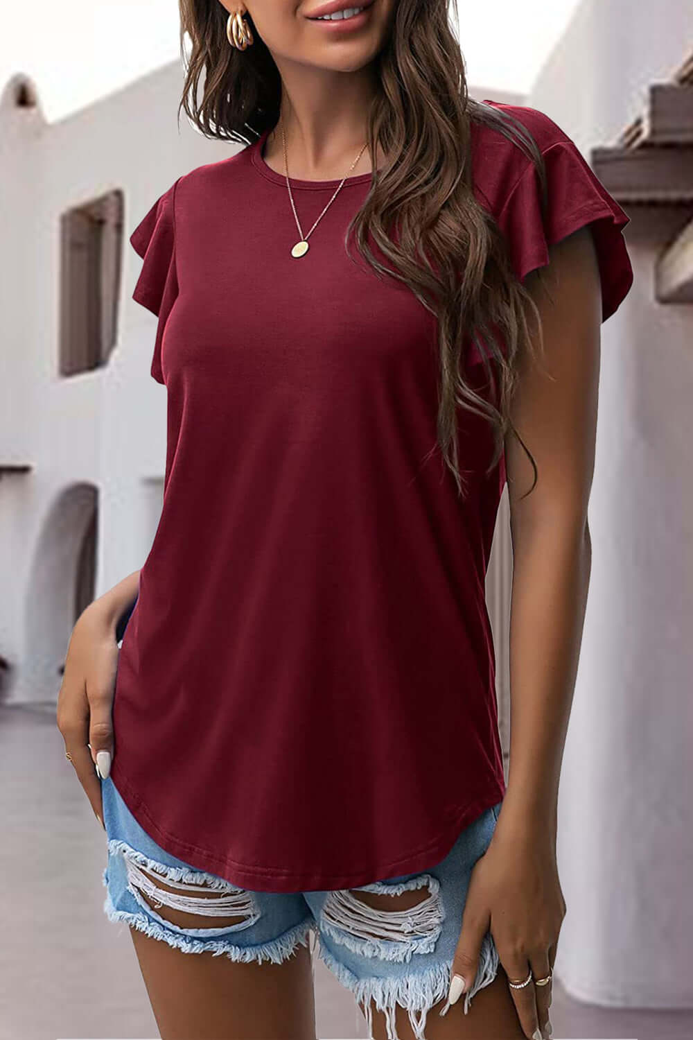 Ruffled Round Neck Cap Sleeve Blouse Burgundy