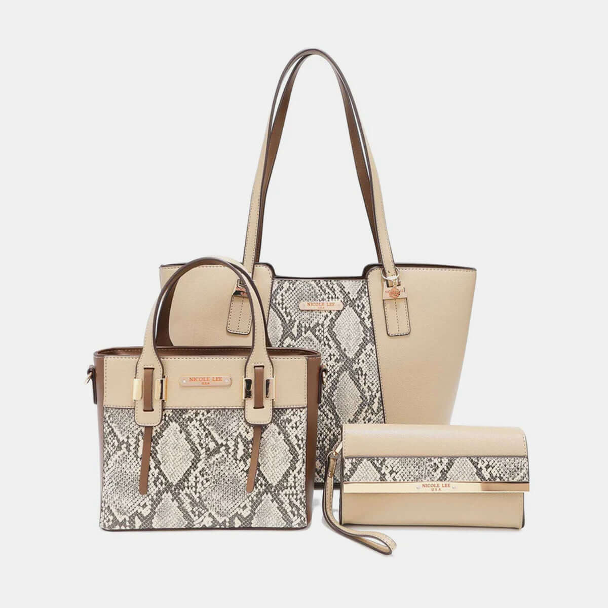 Nicole Lee USA 3-Piece Snake Print Handbag Set NATURAL One Size