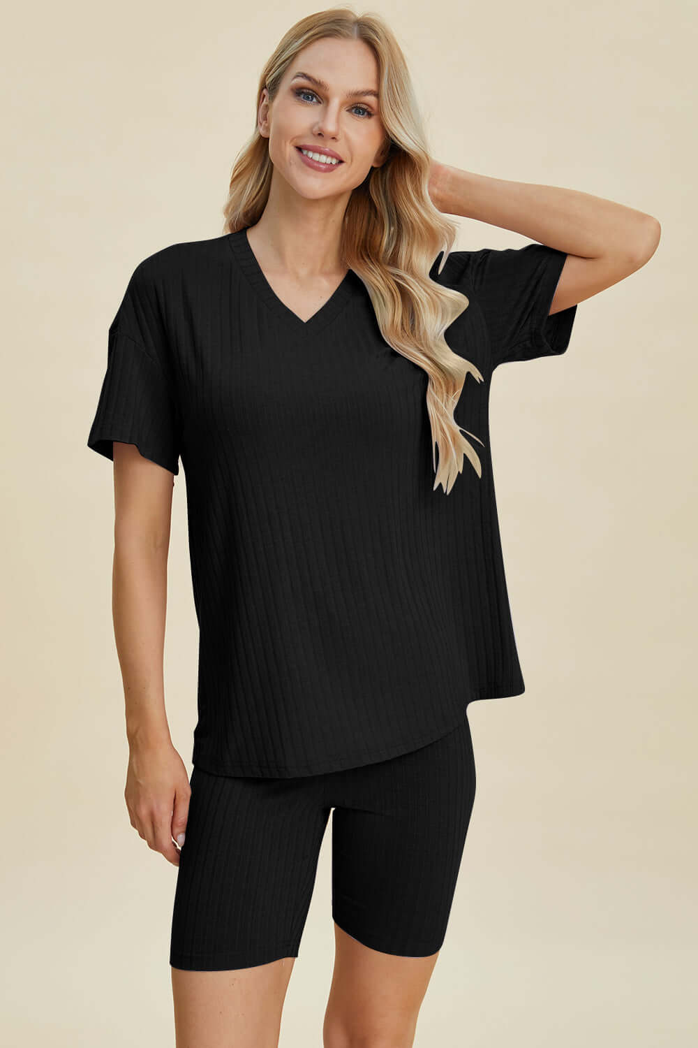 Stylish Ribbed V-Neck Top & Shorts Set for Everyday Wear Black