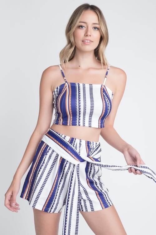 Women's Unique Stripe Printed 2pc Set with Tie Multi Color