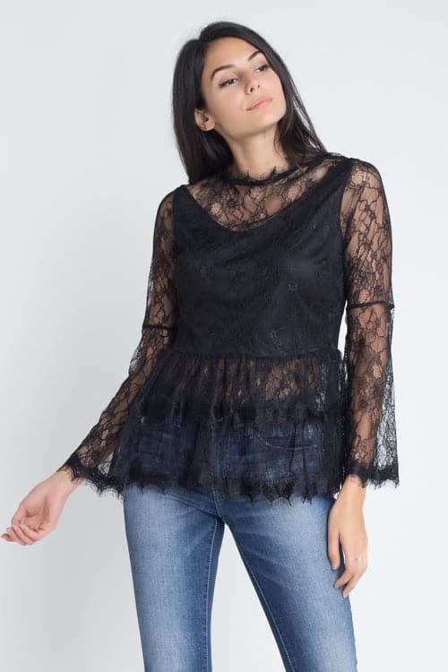 Women's Semi Lace Zipper Back Flare Sleeve Blouse Black