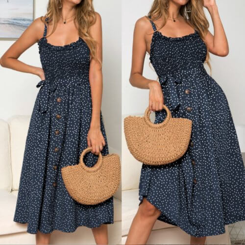 Women Spaghetti Straps Polka Dot Maxi Dress Navy