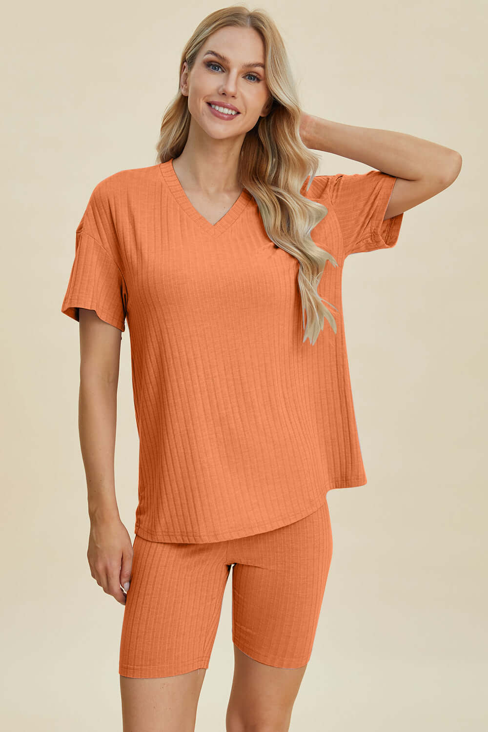 Stylish Ribbed V-Neck Top & Shorts Set for Everyday Wear Tangerine