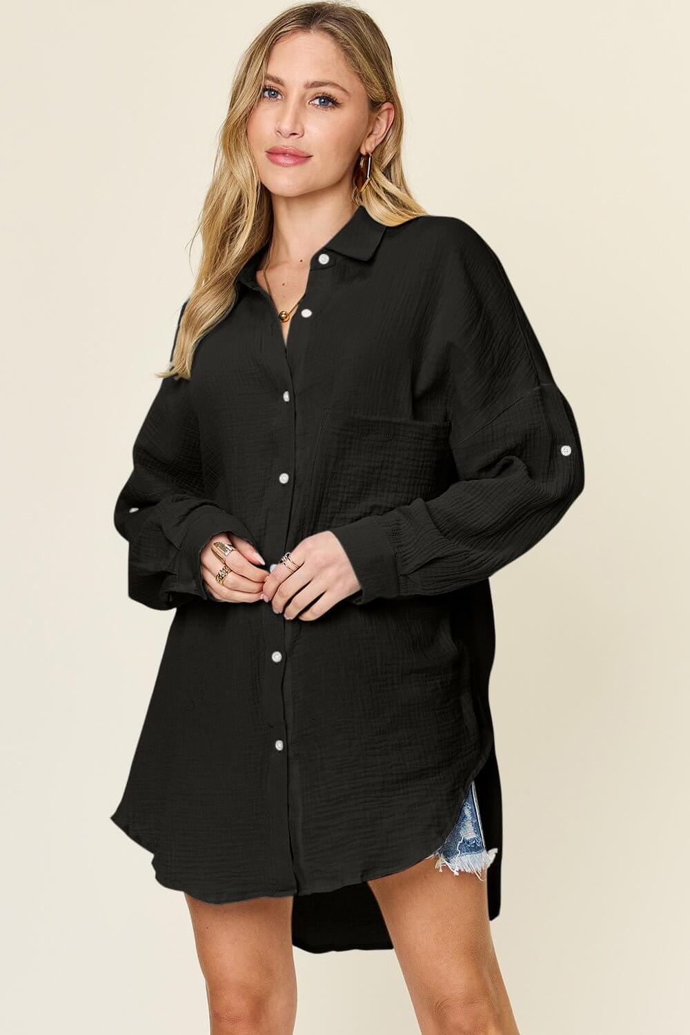 Double Take Full Size Pocketed Texture Button Up Shirt Black