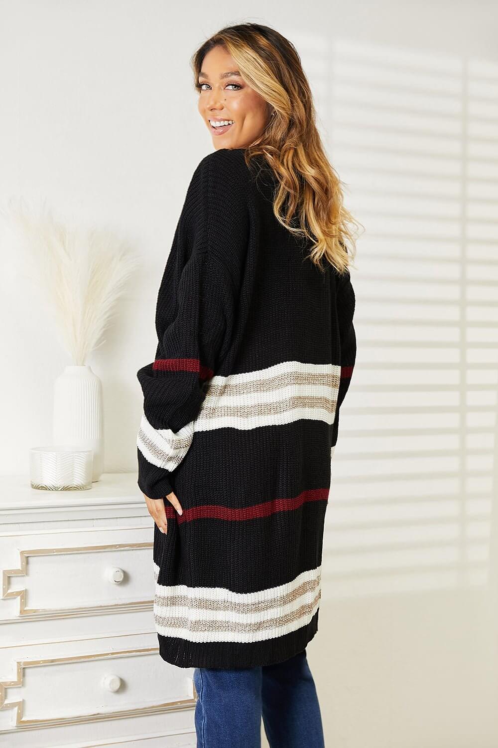 Striped Rib-Knit Drop Shoulder Cardigan for Women