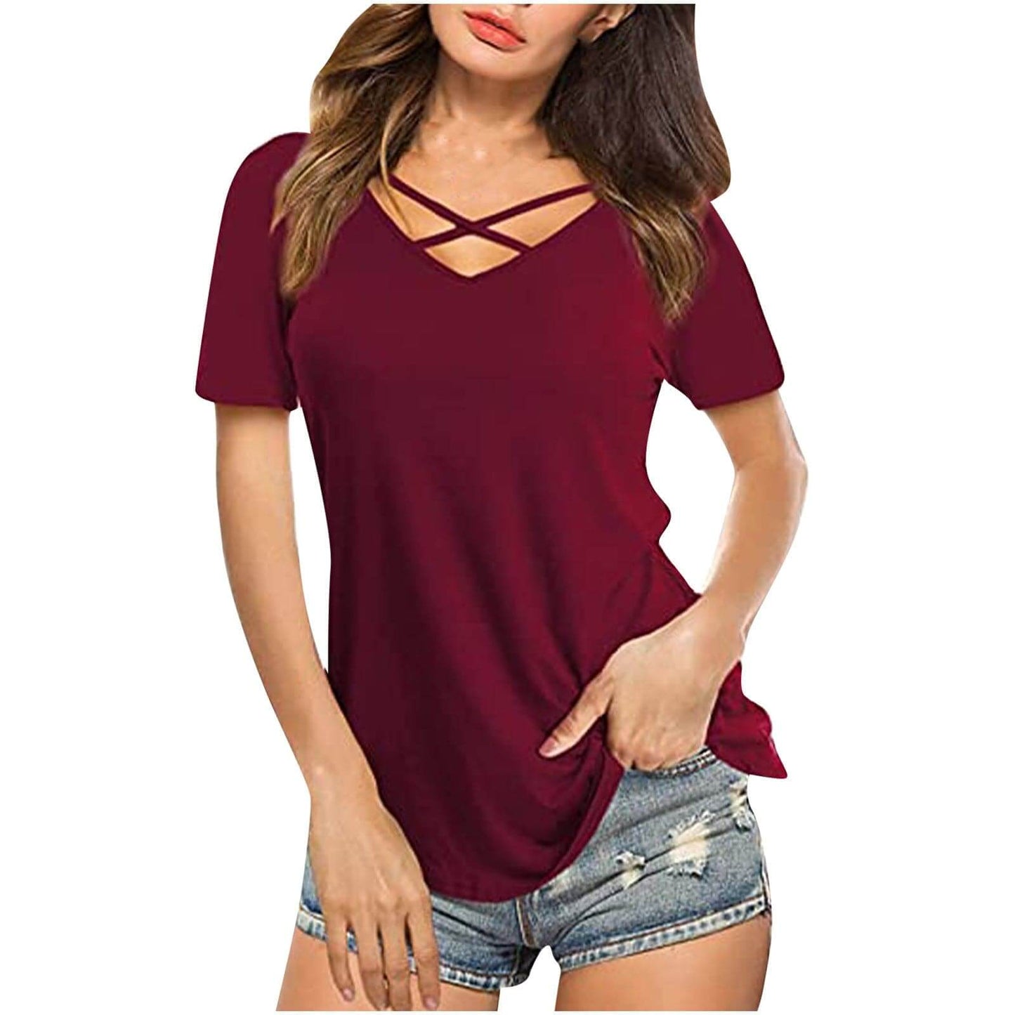 Front Cross Short Sleeve Wine Red