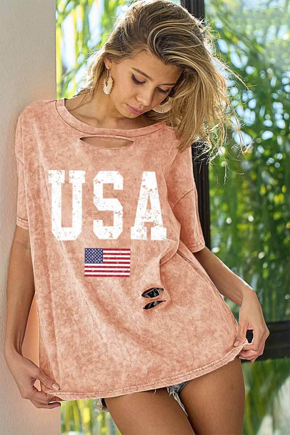 BiBi Washed American Flag Graphic Distressed T-Shirt Dusty Pink