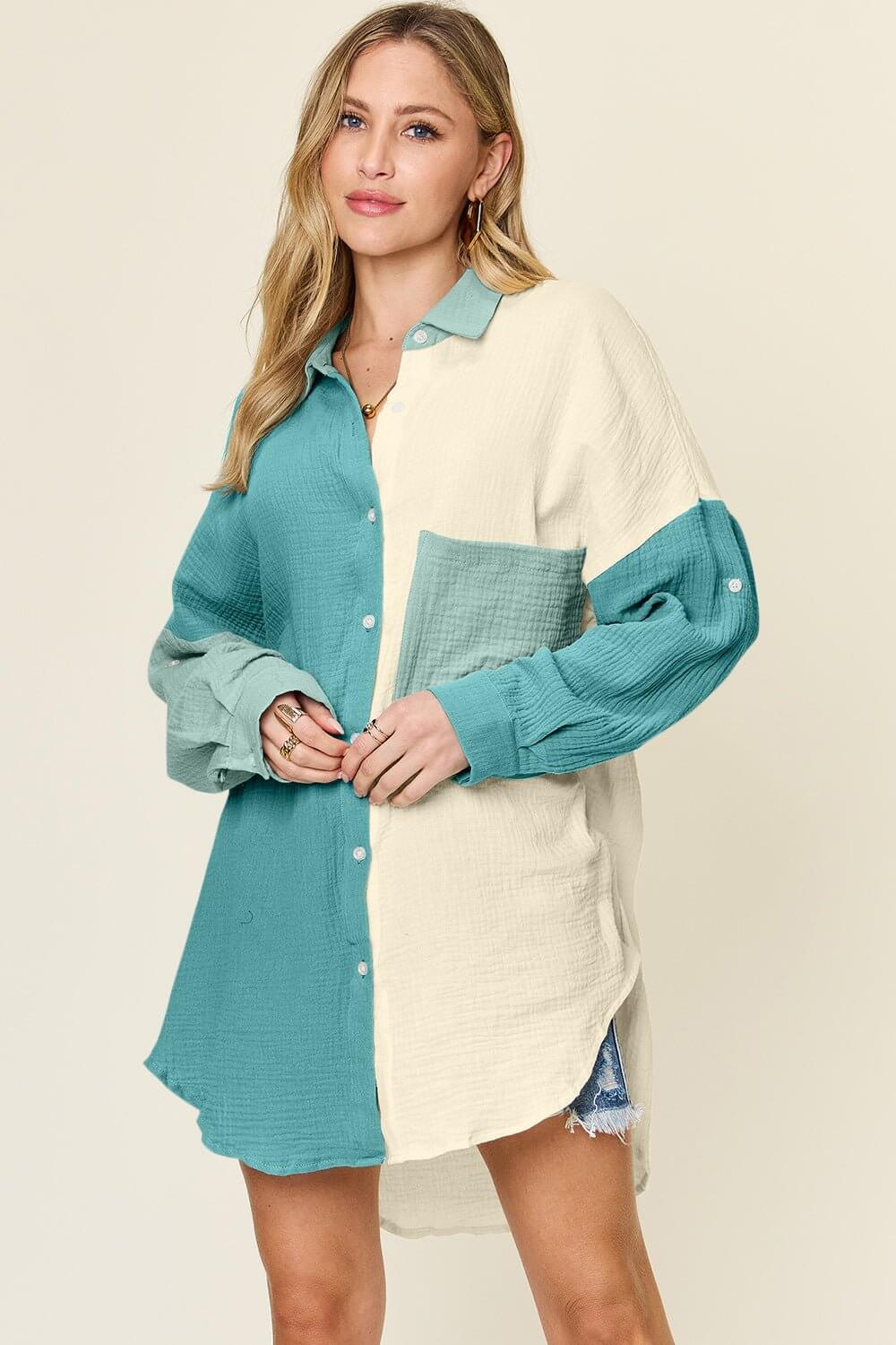 Double Take Full Size Pocketed Texture Button Up Shirt Teal