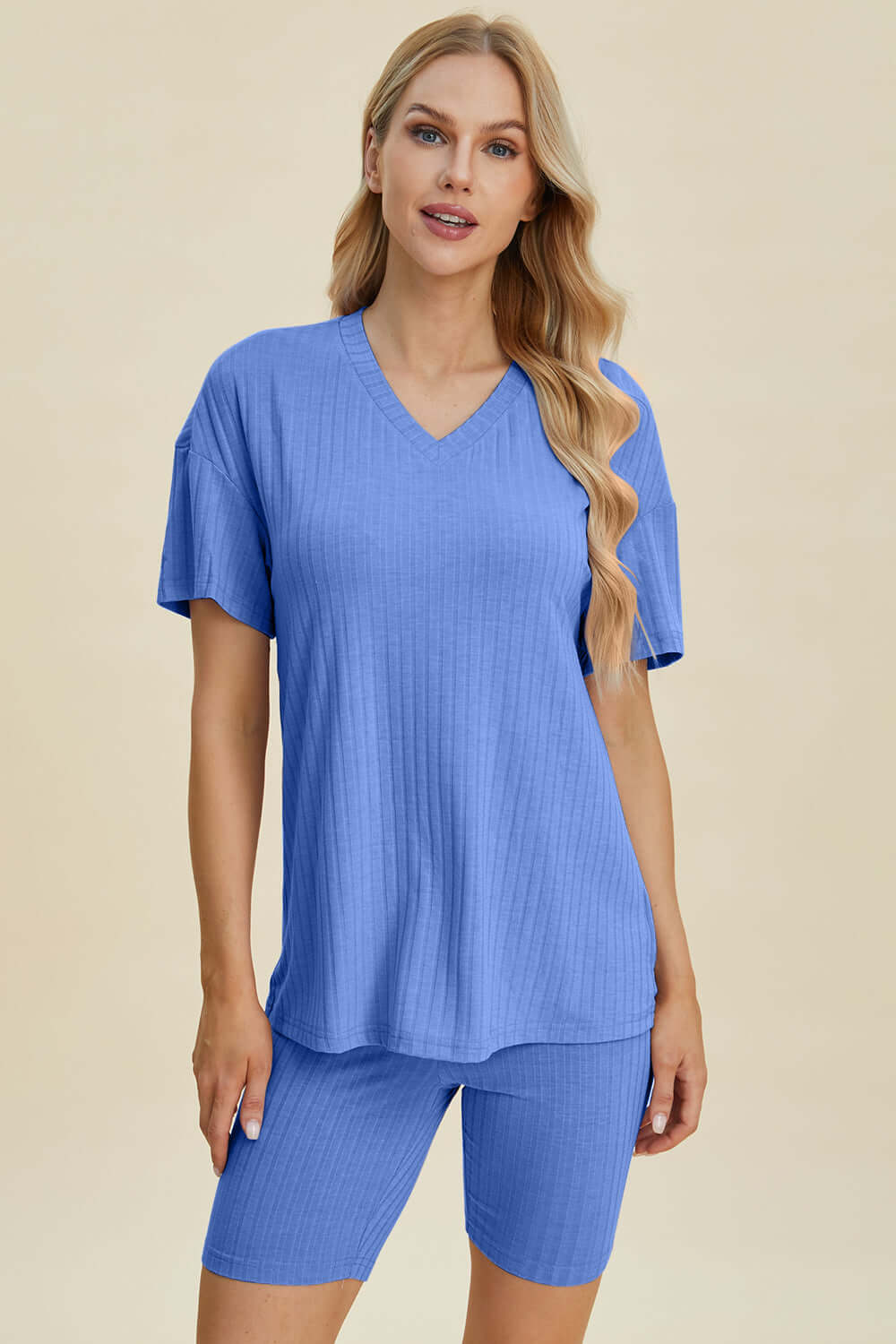 Stylish Ribbed V-Neck Top & Shorts Set for Everyday Wear Blue