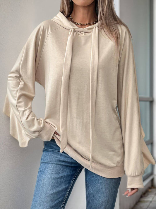 Perfee Drawstring Ruffled Long Sleeve Hoodie Tan