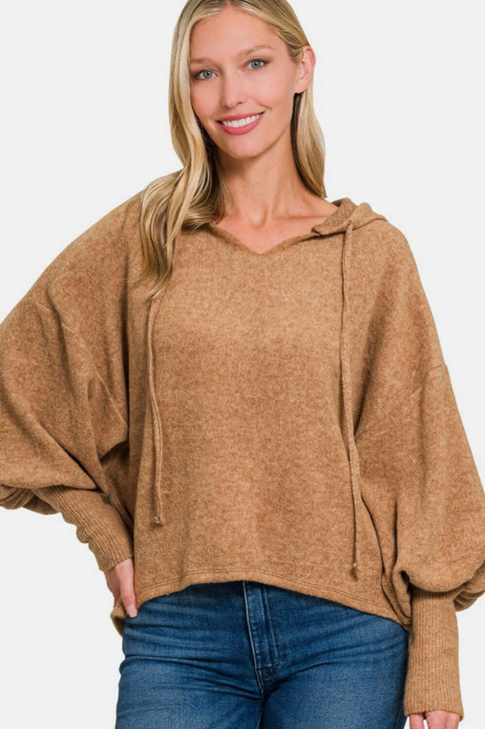 Zenana Brushed Hacci Drop Shoulder Cropped Hoodie Deep Camel