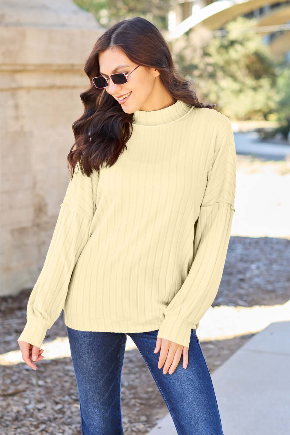 Shop Basic Bae Ribbed Mock Neck Knit Top - Light Yellow