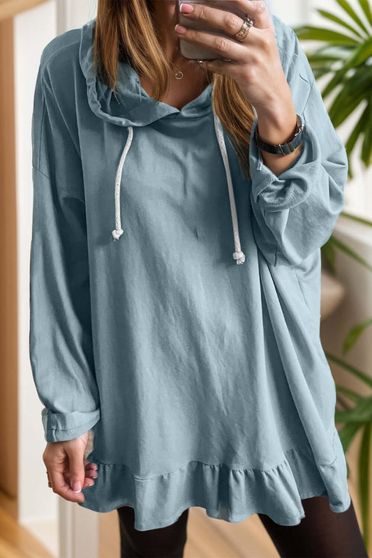 Drawstring Ruffled Dropped Shoulder Long Sleeve Hoodie Air Force Blue