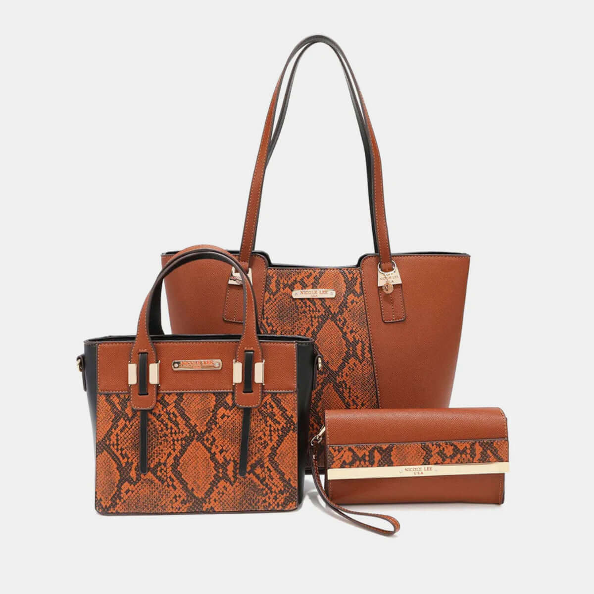 Nicole Lee USA 3-Piece Snake Print Handbag Set BROWN One Size