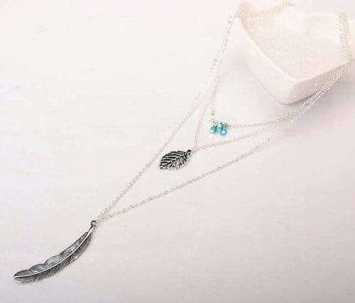 Turquoise Leaf Feather Multi Layer Necklace Silver